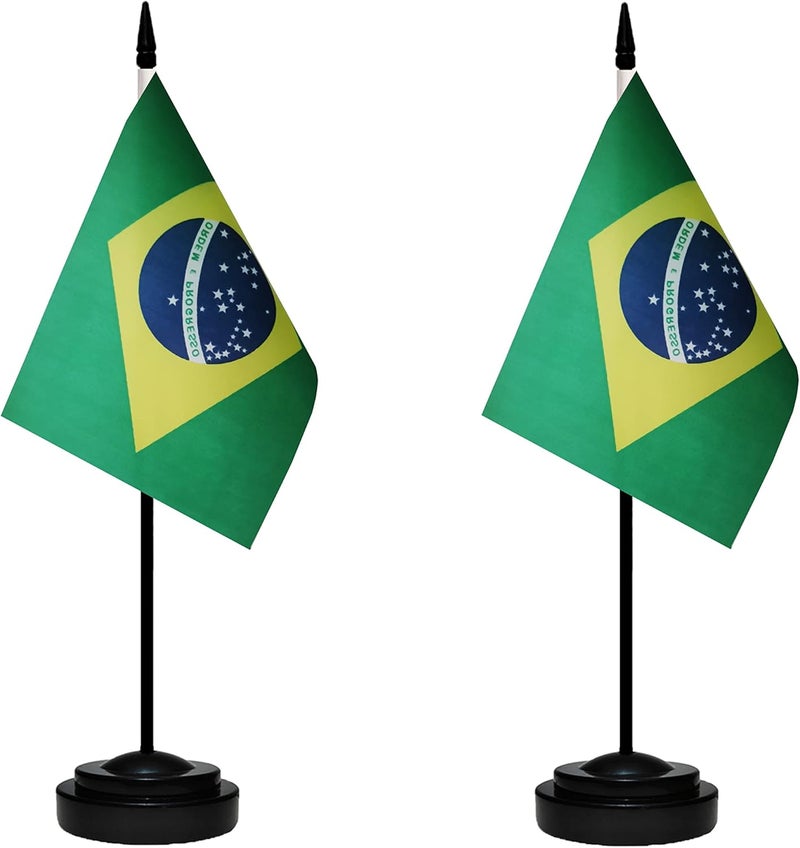 tibijoy Brazil Brazilian Deluxe Desk Flag Set, Small Mini Miniature Brazil Brazilian Table Desktop Flags With Solid Pole, Black Base and Spear Top(2 Pack) - Image 1